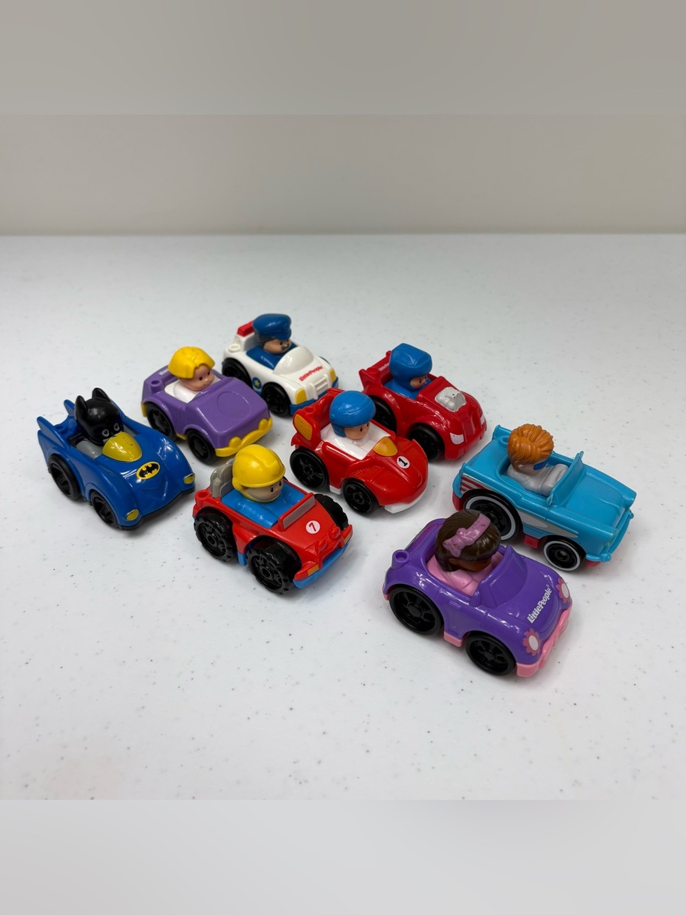 Fisher Price Little People Wheelies Lot Set of 8 inc Batman, Police & Racecars
